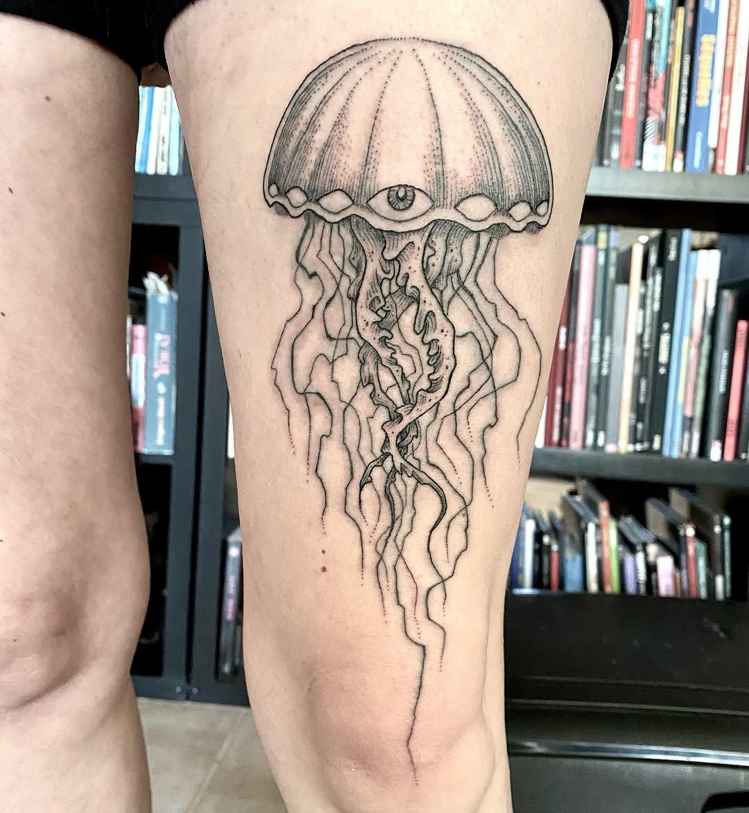 Tatouage méduse style gravure — aurelio_tattoo