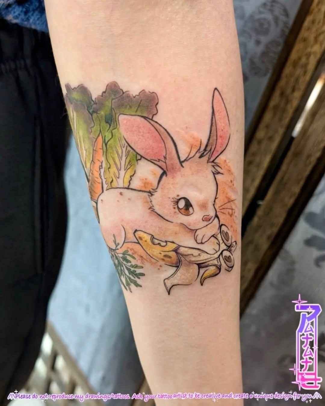 Tatouage lapin et fleurs kawaii cartoon couleur — patate_masquee