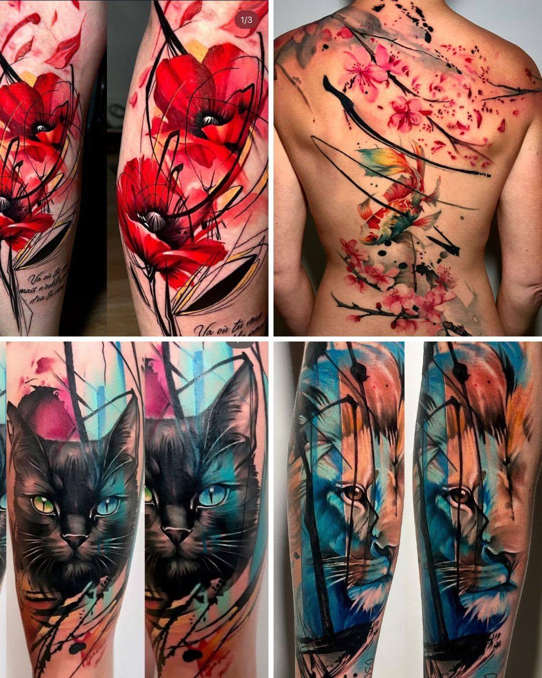 Tatouage floral et animalier réaliste aquarelle — carolineleguetattoo