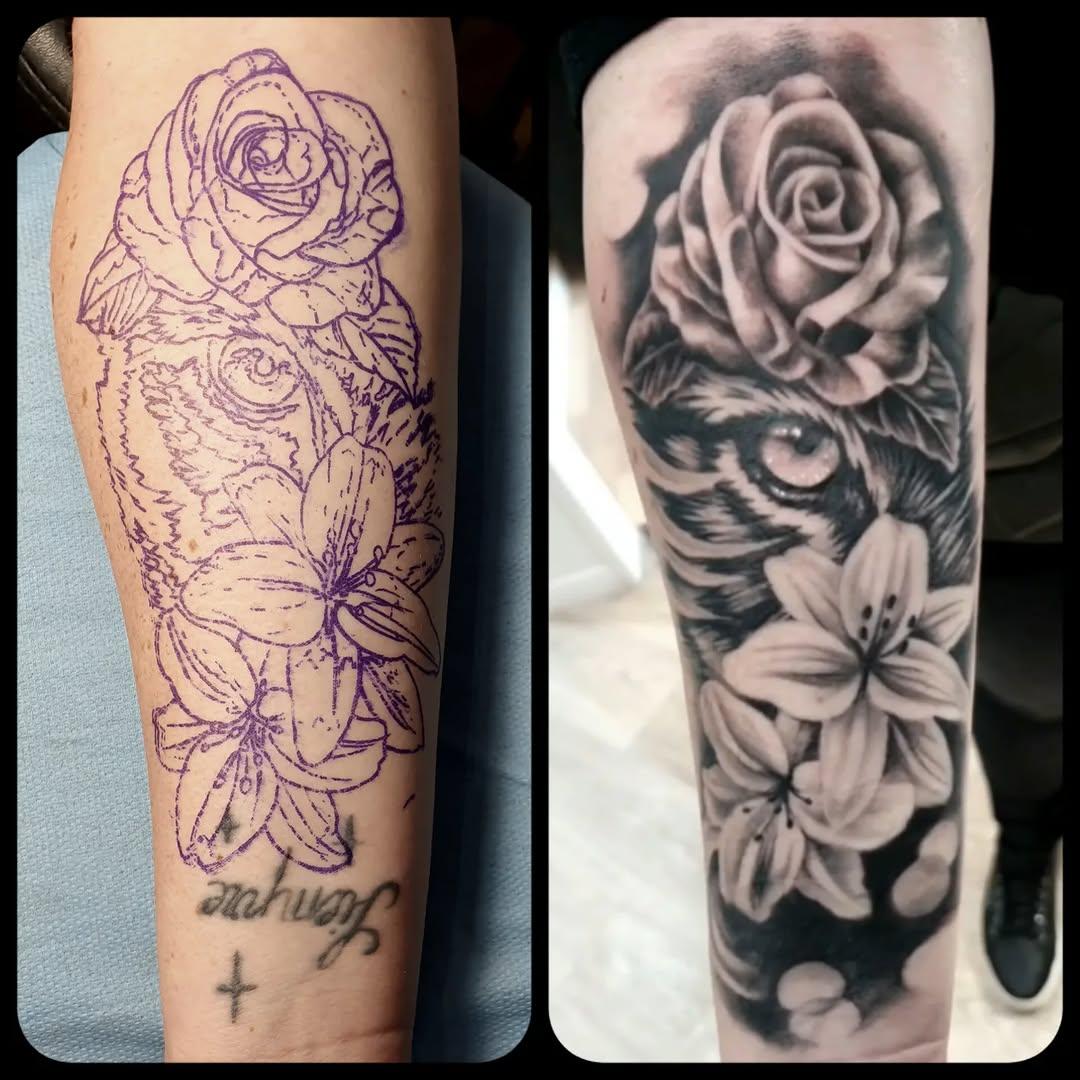 Tatouage composition florale roses cover réaliste — seb_barbu