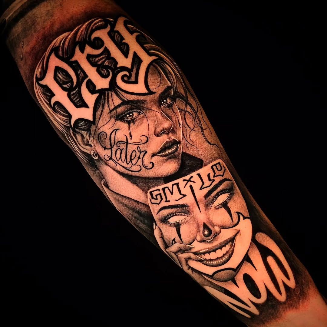 Tatouage visages « Cry Later Smile Now » micro-réalisme — krocogarcia_tattoo