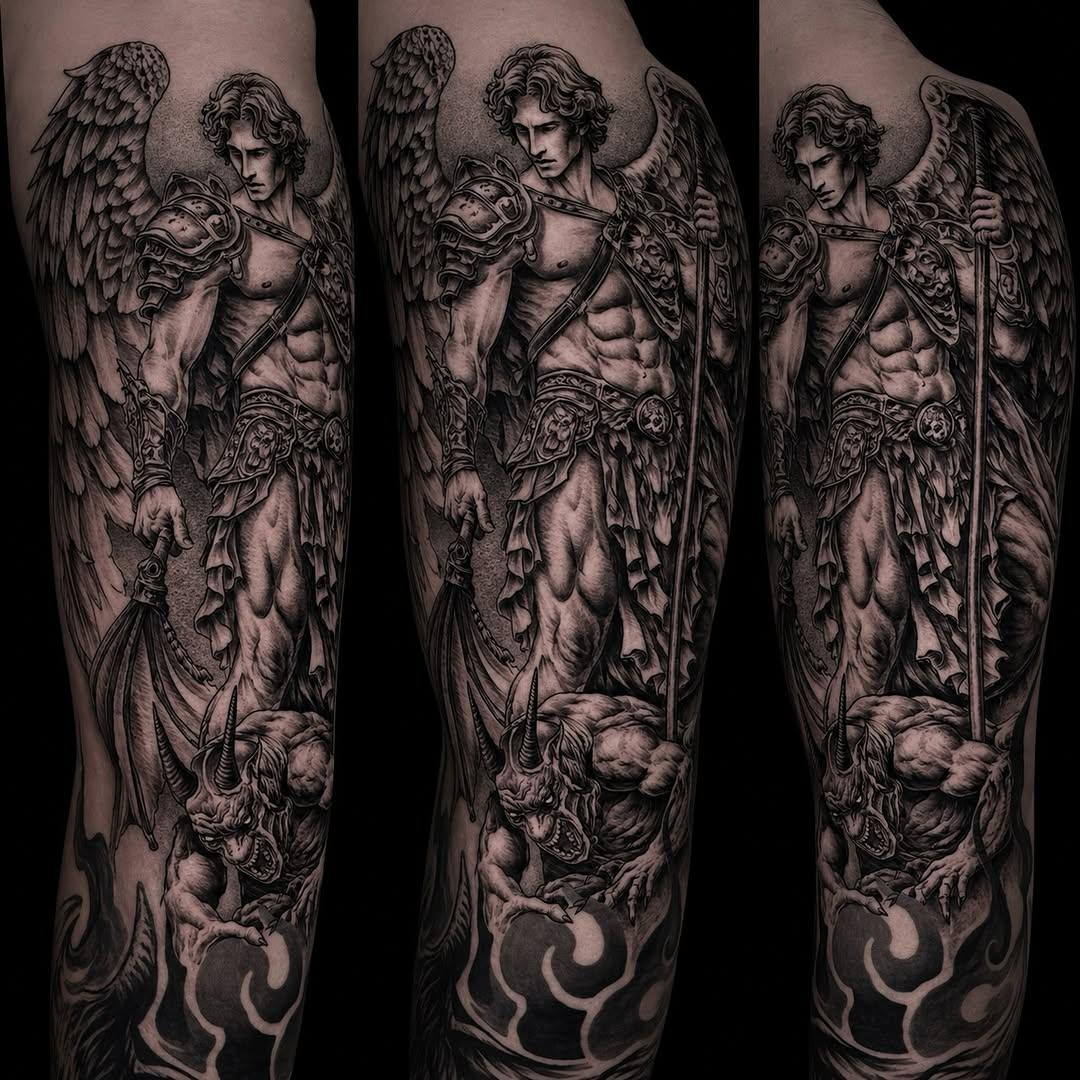Tatouage archange réaliste black & grey dark — sebotis