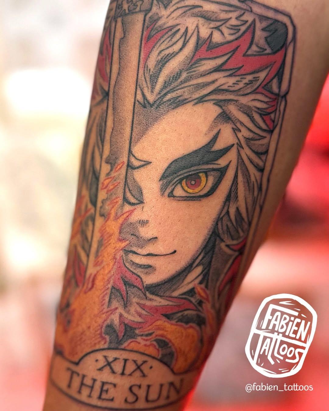 Tatouage Rengoku Demon Slayer manga black & grey couleur — fabien_tattoos