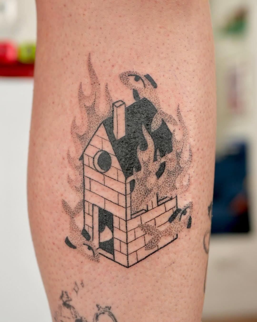 Tatouage maison qui brûle sous l'eau illustratif — bardou_tattoo
