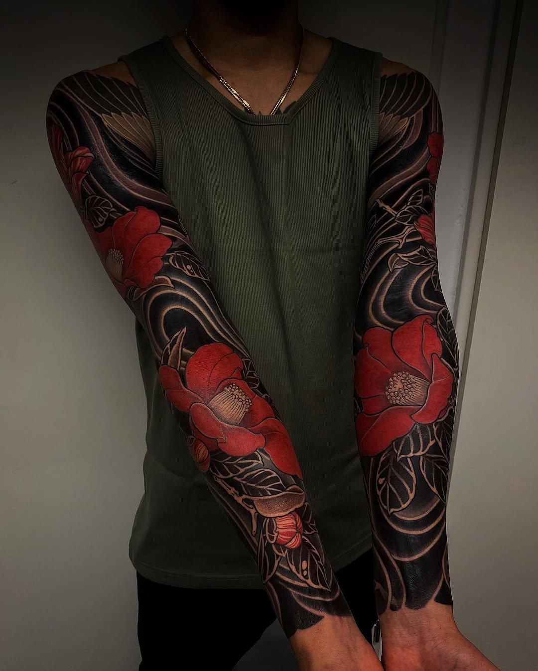Tatouage manches tsubaki japonais néo-trad — gakkinx