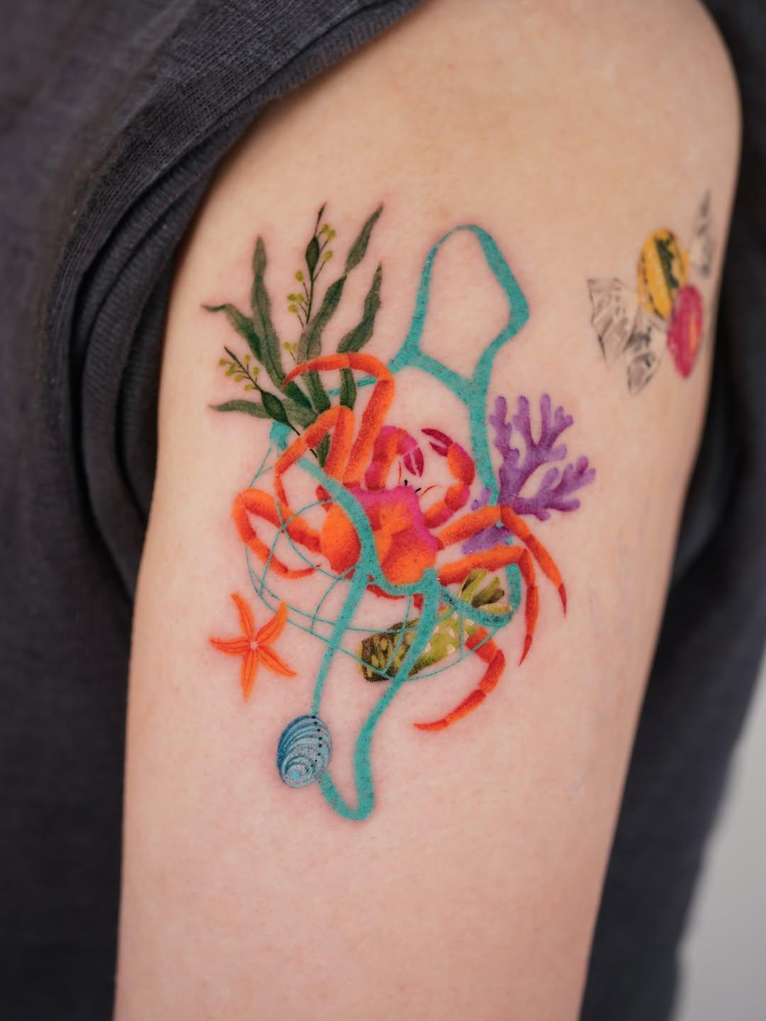 Tatouage filet de fruits de mer fine line illustratif — salt_inkso