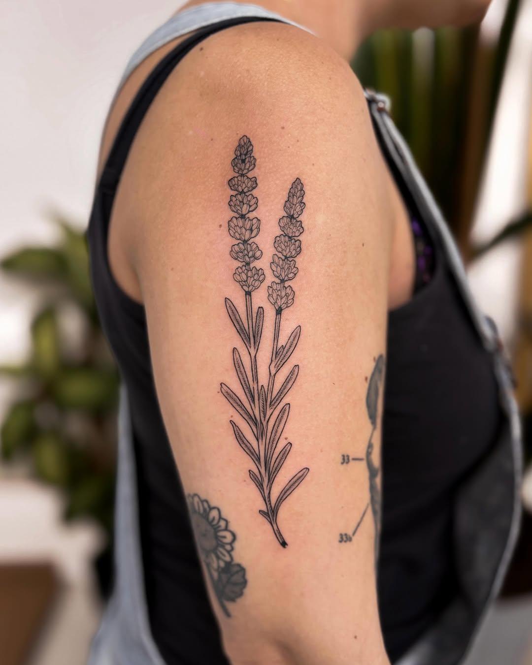 Tatouage branche de lavande fine line botanique — donatelau
