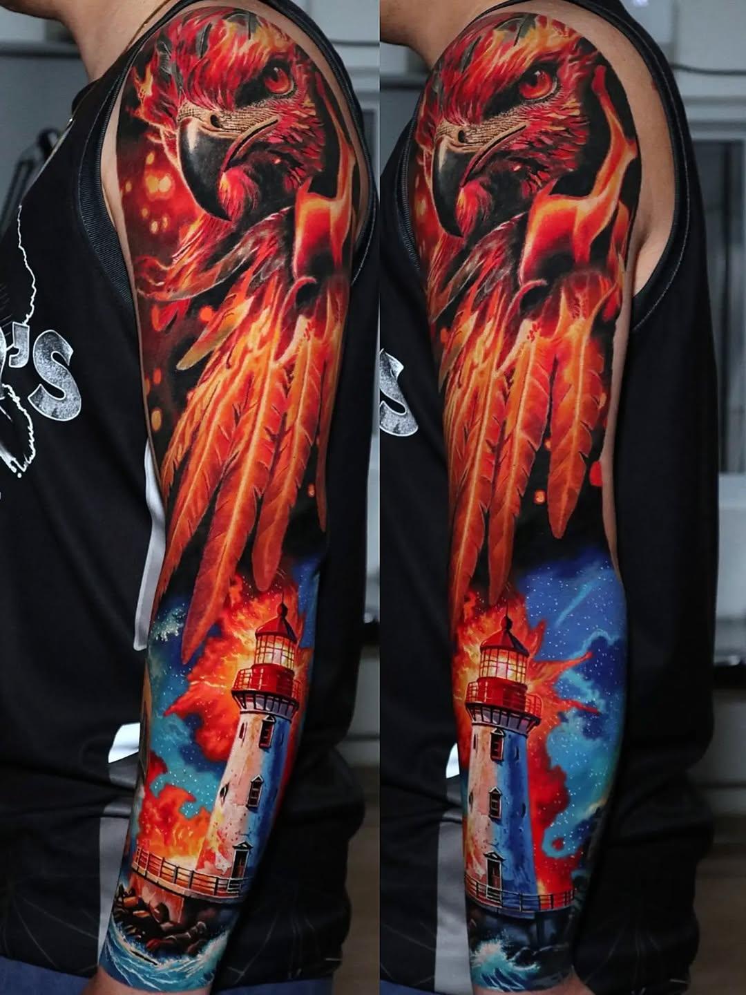 Tatouage phénix rouge et phare — omomtattoo