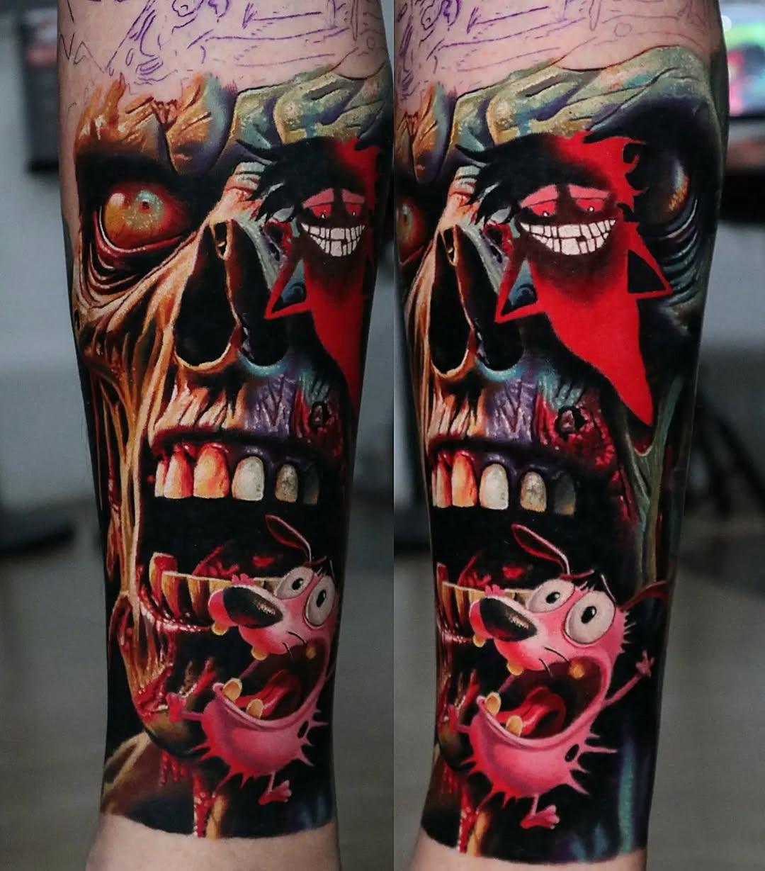 Tatouage tête de démon et crâne portrait — omomtattoo