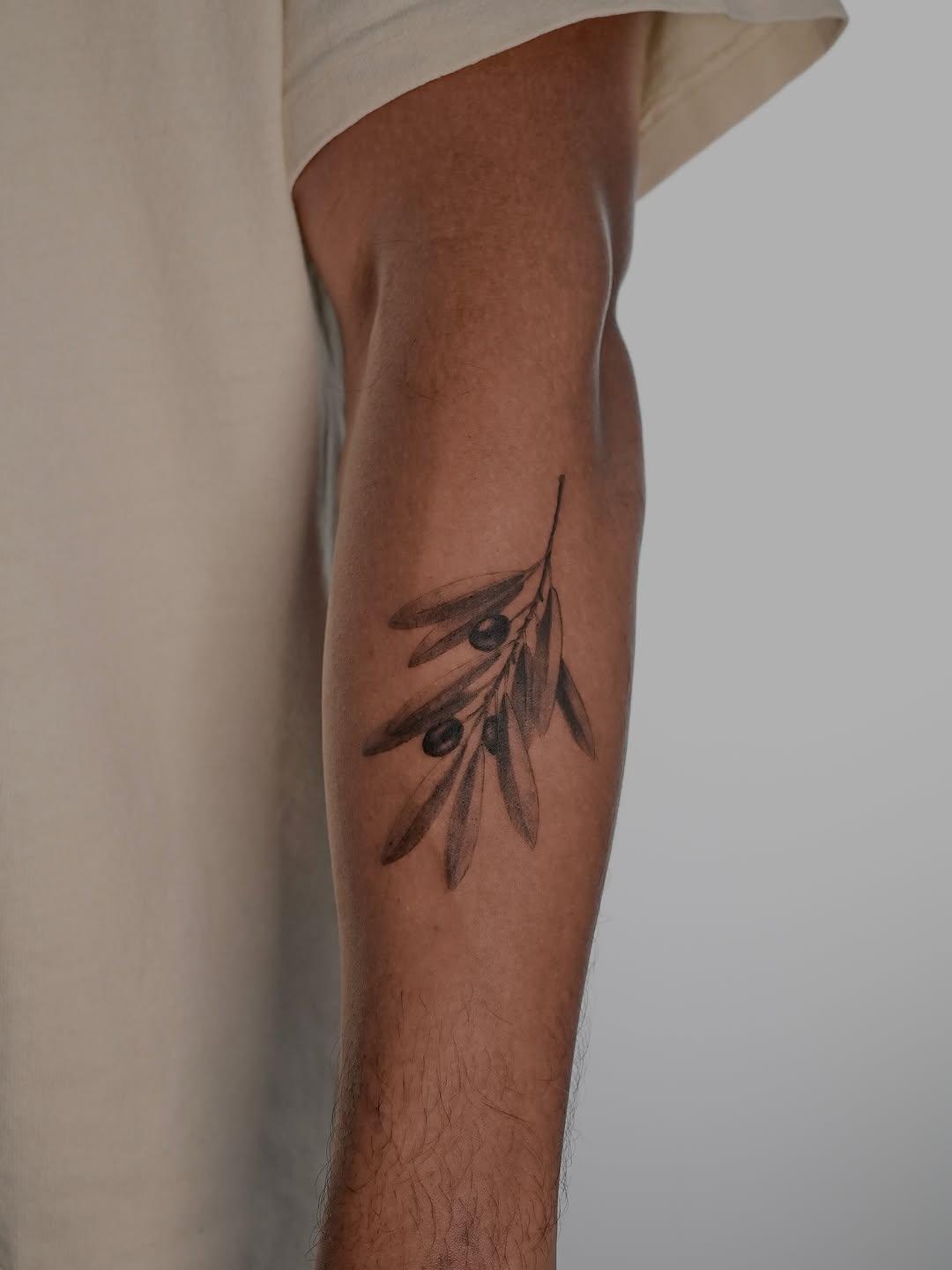 Tatouage branche d'olivier fine line botanique — duftattoo