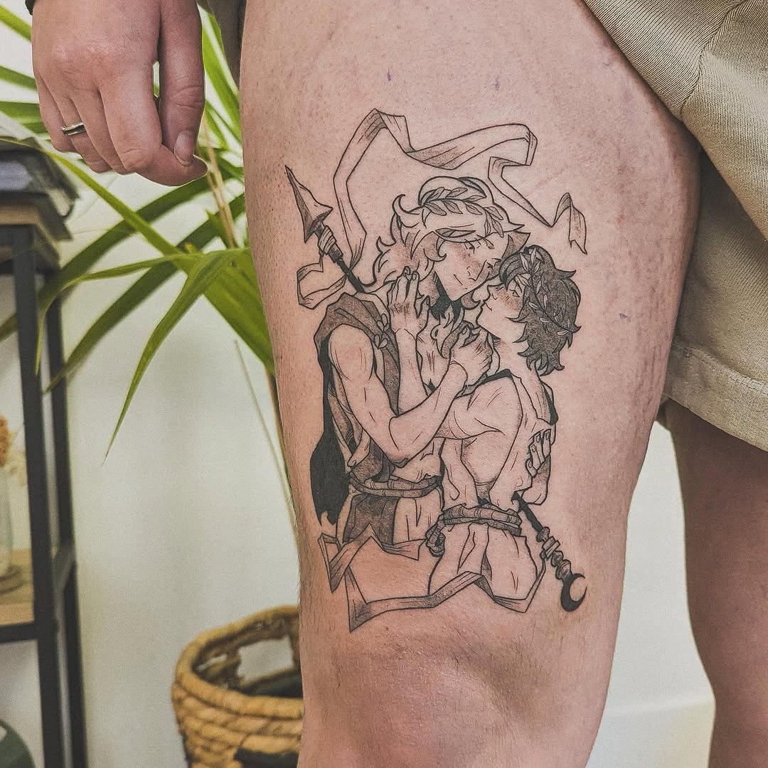 Tatouage Achille & Patrocle fine line — yun_tatt