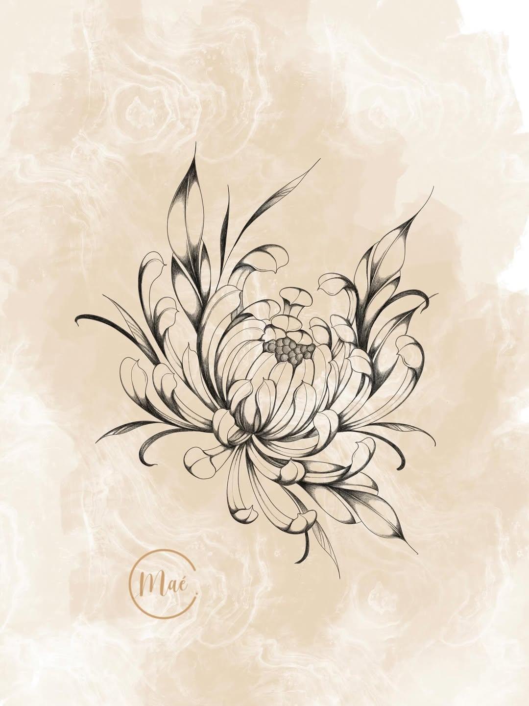 Chrysanthème, fine line floral — mae_drawink_tattoo