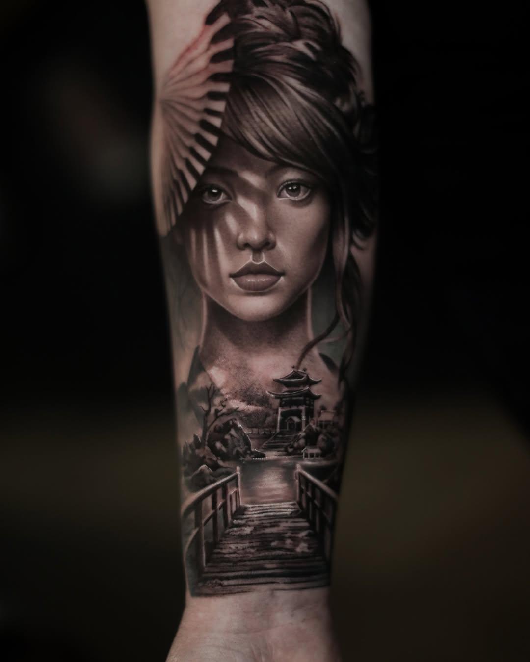 Tatouage Portrait féminin avant-bras — julienbreuiltattoo