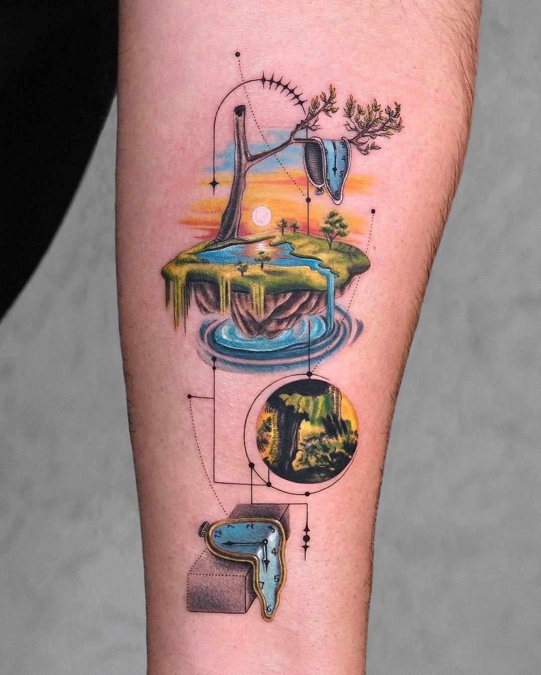 Tatouage Paysage surréaliste avec horloge fondue — gokceozaslan