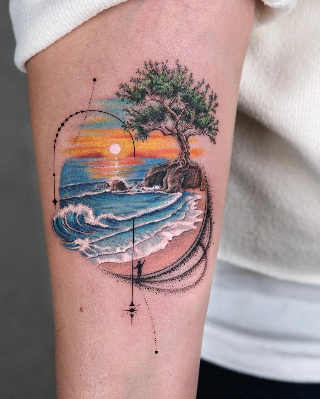 Tatouage Paysage marin avec olivier et coucher de soleil — gokceozaslan