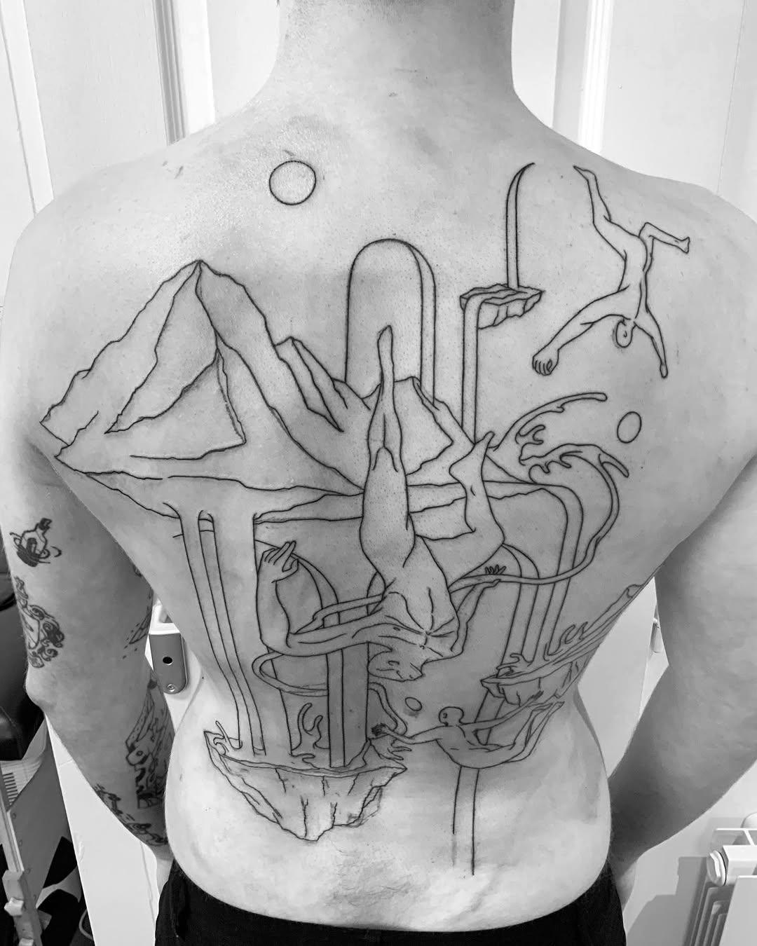 Tatouage paysage surréaliste avec montagne et cactus — lobstertattoo
