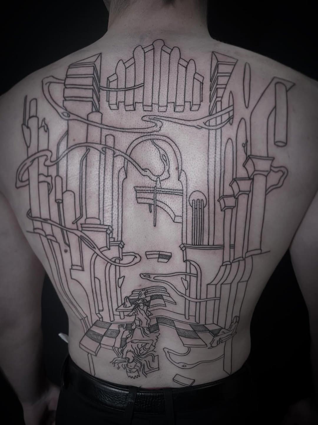 Tatouage Architecture surréaliste et éléments géométriques abstraits — lobstertattoo